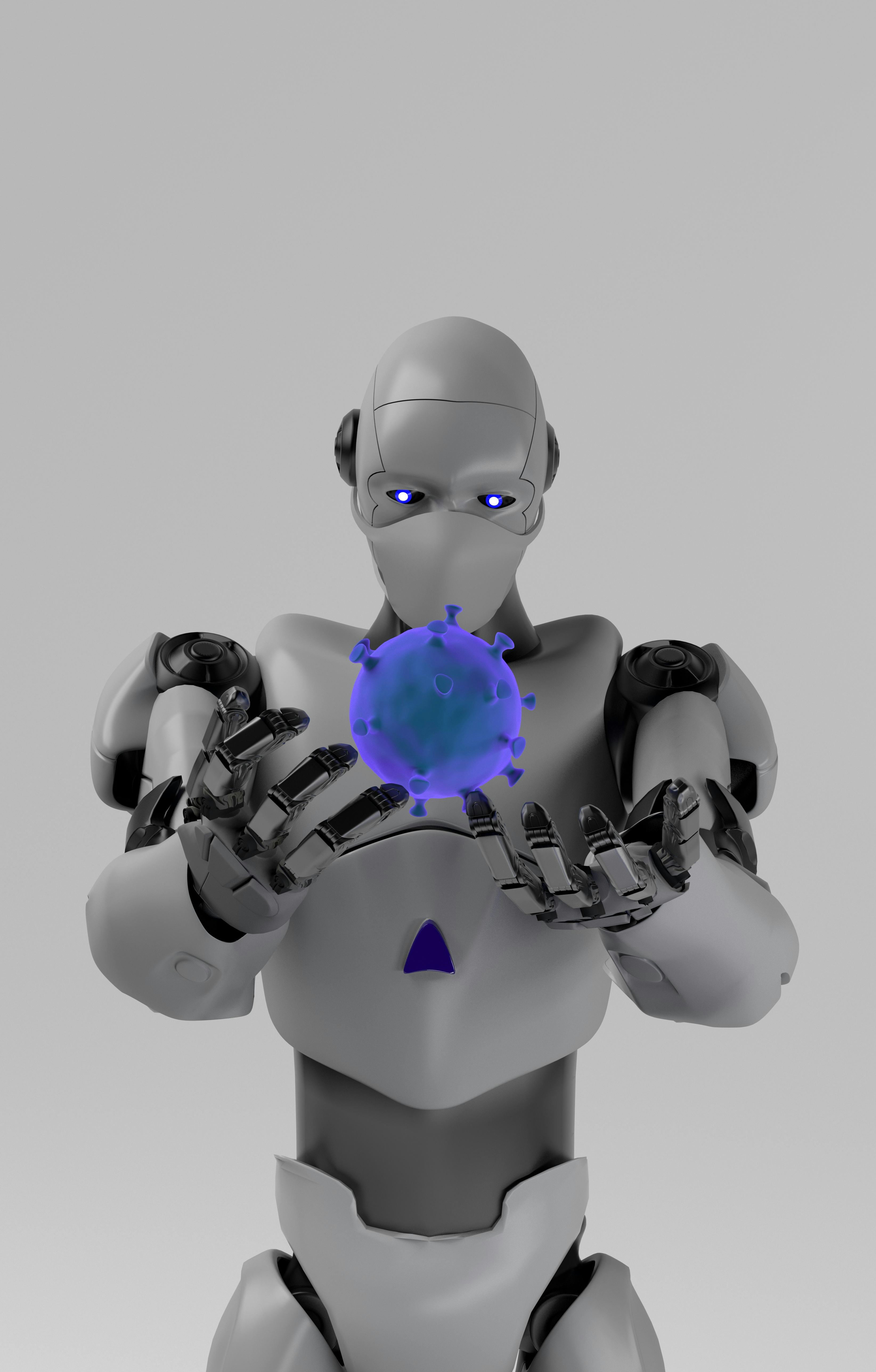 The robot studies a coronavirus with gauze mask medical,nano robot with bacterium,3d render.