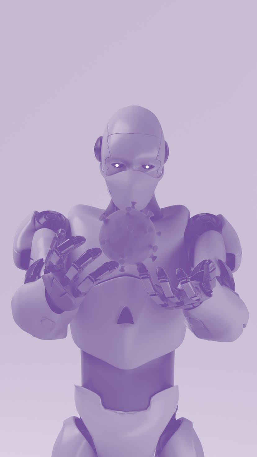 The robot studies a coronavirus with gauze mask medical,nano robot with bacterium,3d render.