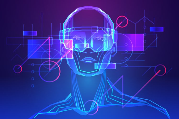 Man wearing augmented reality glasses. Abstract holography with data and graph. Vector illustration