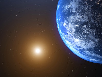 World and sun realistic 3D rendering. Shiny sunlight over Planet Earth, cosmos, atmosphere. Shot fro...
