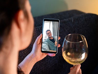Woman Calling By Video Chat Her Friend And Drinking Wine With Him. Online Date, Meeting With Friend....