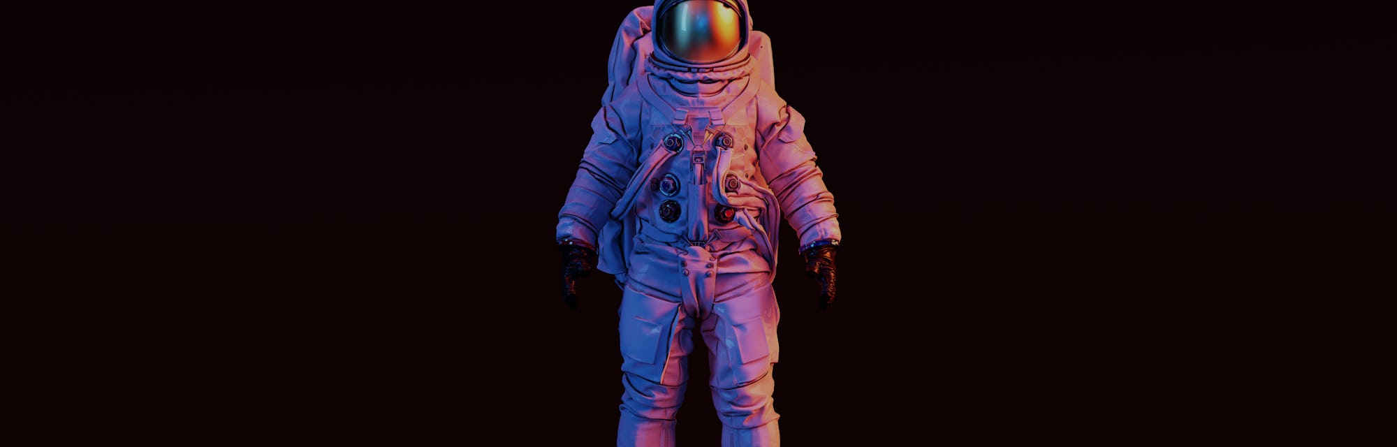 An astronaut with a gold visor and white spacesuit under pink and blue lighting 