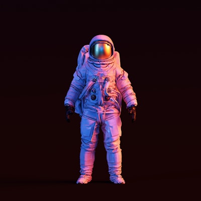 An astronaut with a gold visor and white spacesuit under pink and blue lighting 