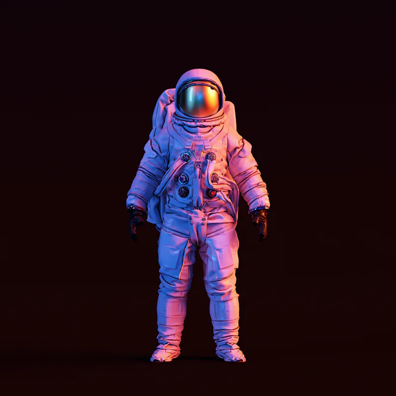 An astronaut with a gold visor and white spacesuit under pink and blue lighting