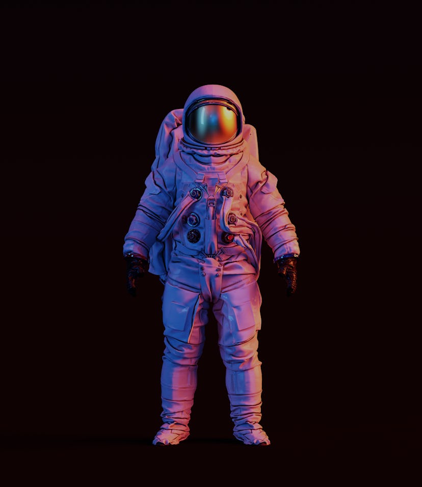 An astronaut with a gold visor and white spacesuit under pink and blue lighting 