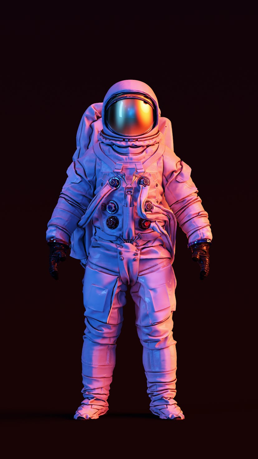 An astronaut with a gold visor and white spacesuit under pink and blue lighting