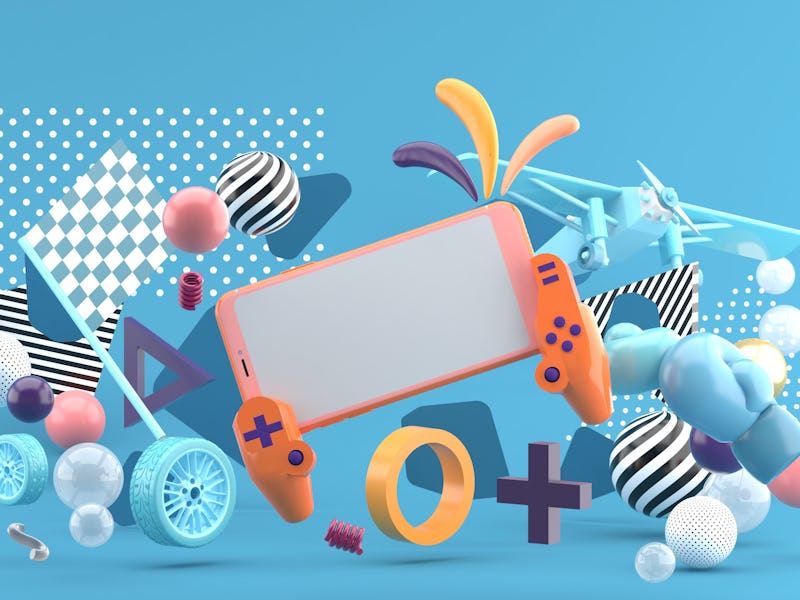 Smart phones and devices, playing games around the wheels, boxing gloves And aircraft On a blue back...