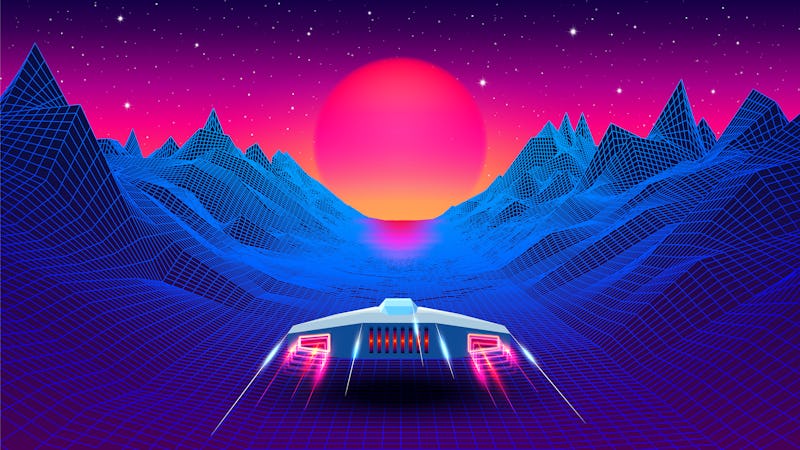 Arcade space ship flying to the sun in blue corridor or canyon landscape with 3D mountains, 80s styl...