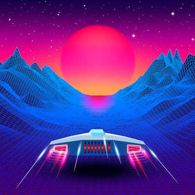 Arcade space ship flying to the sun in blue corridor or canyon landscape with 3D mountains, 80s styl...