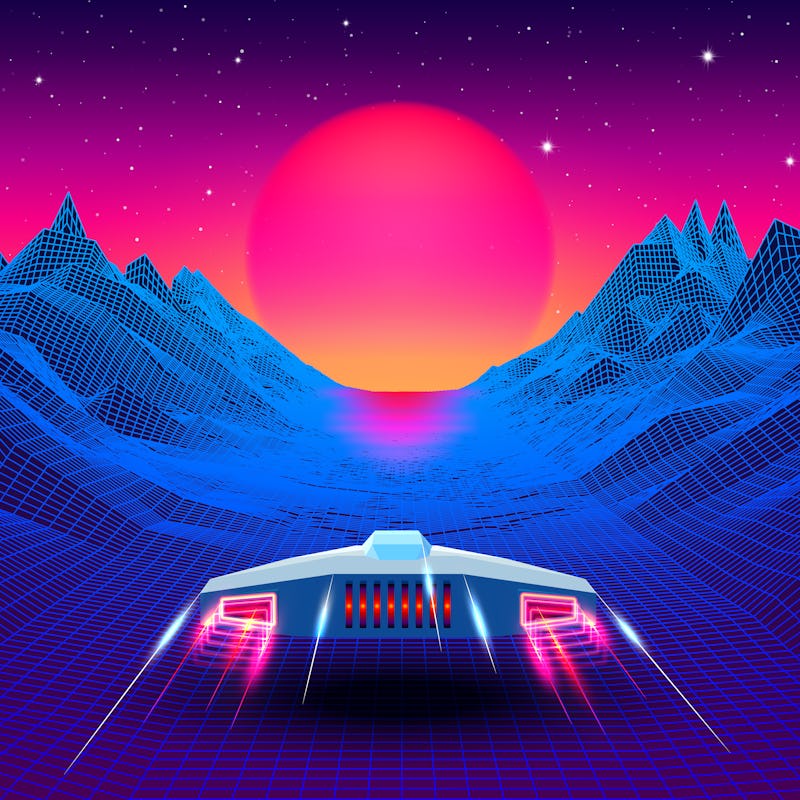 Arcade space ship flying to the sun in blue corridor or canyon landscape with 3D mountains, 80s styl...