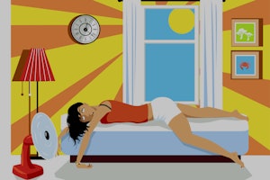 Young woman exhausted from heat lying on a bed in her house in a hot summer day, EPS 8 vector illust...
