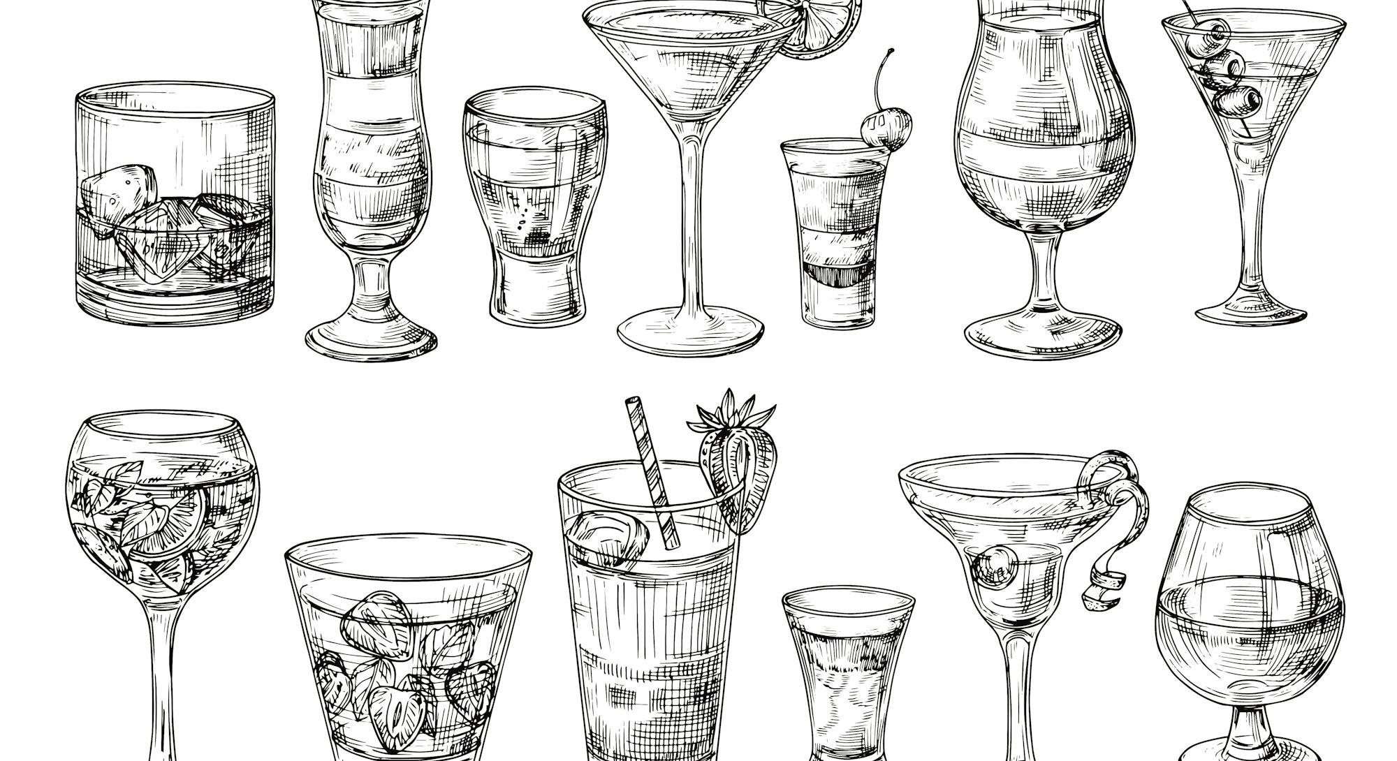 Hand drawn cocktail. Alcoholic drinks in glasses. Sketch juice, margarita martini. Cocktail with rum...