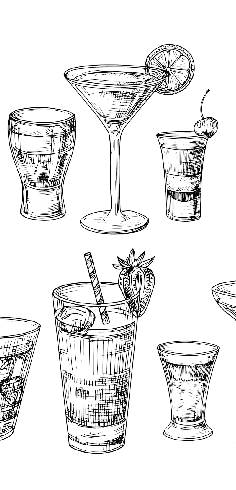 Hand drawn cocktail. Alcoholic drinks in glasses. Sketch juice, margarita martini. Cocktail with rum...