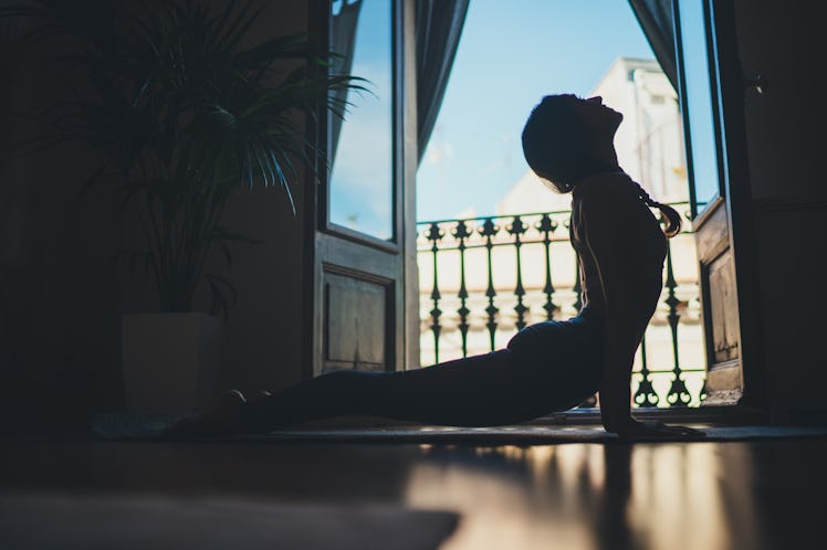 Gorgeous young woman practicing yoga indoor. Beautiful girl practice cobra asana at home. Calmness a...