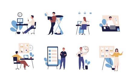 Collection of people successfully organizing their tasks and appointments. Set of scenes with effici...