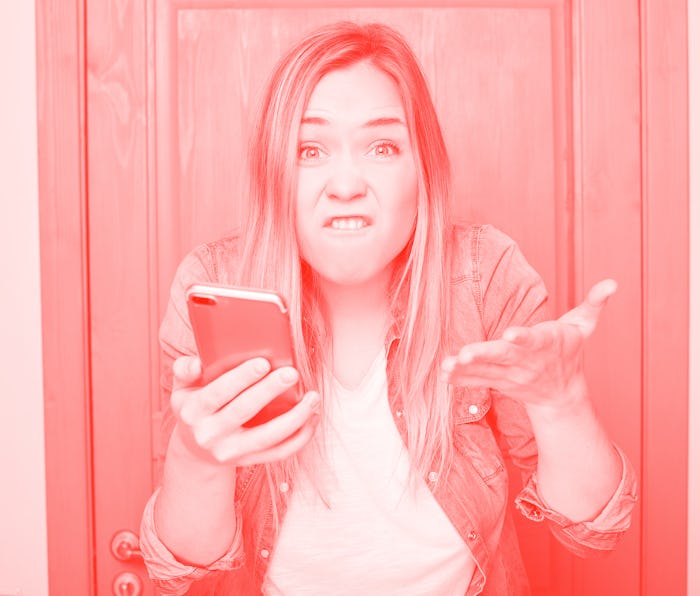 People, aggression, emotions concept. Angry annoyed blonde woman wears casual denim, gestures active...