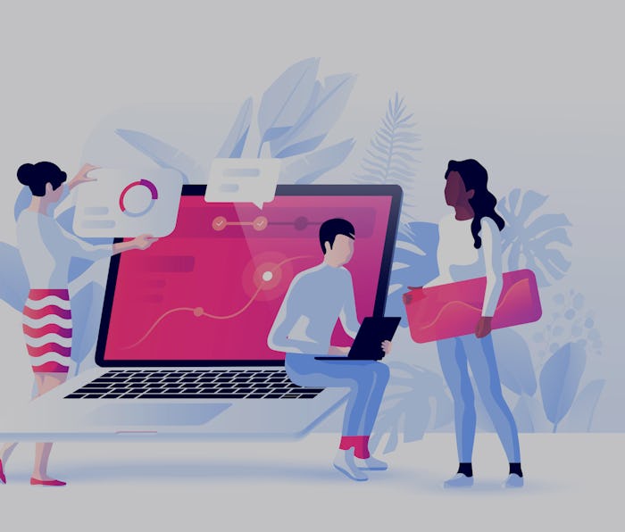 People build a dashboard and interact with graphs. Data analysis, and office situations. Vector illu...