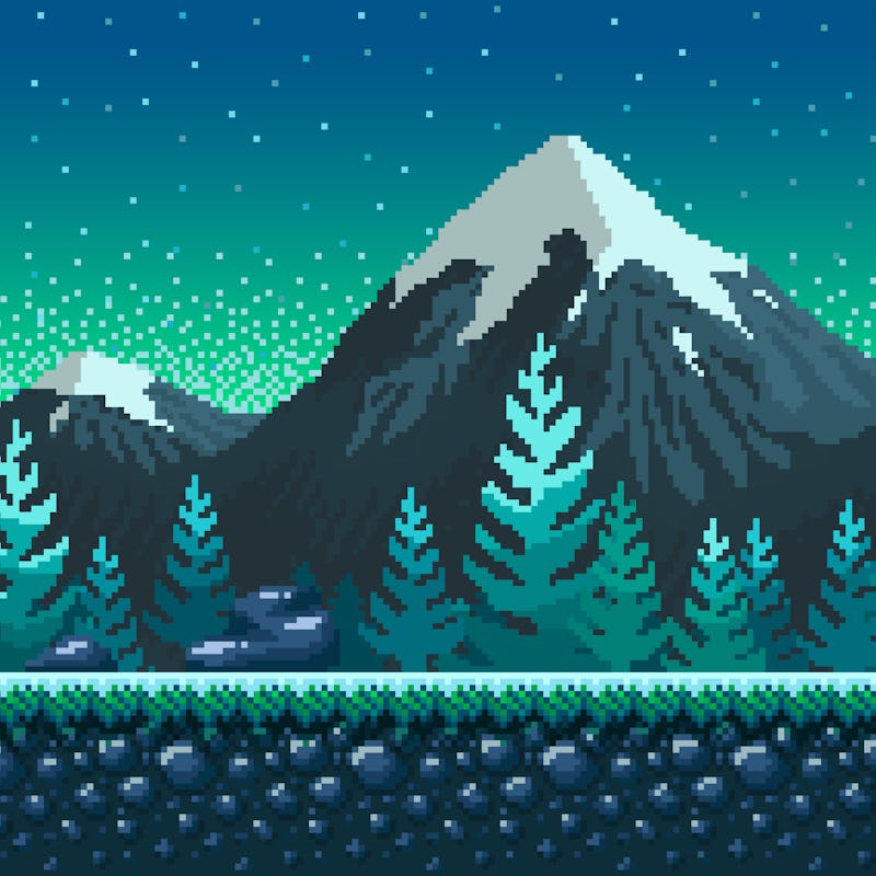 Pixel art seamless background. Location with snowy mountains at night. Landscape for game or applica...