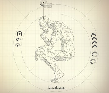 wireframe polygon man is thinking in futuristic retro style, vector of a great thinker