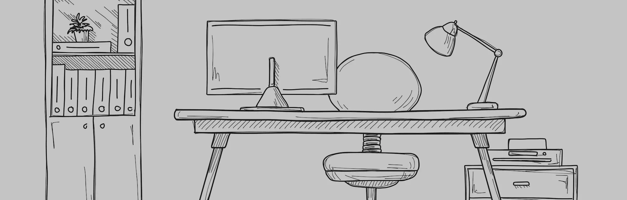 Sketch the room. Office chair, desk, various objects on the table. Sketch workspace. Vector illustra...
