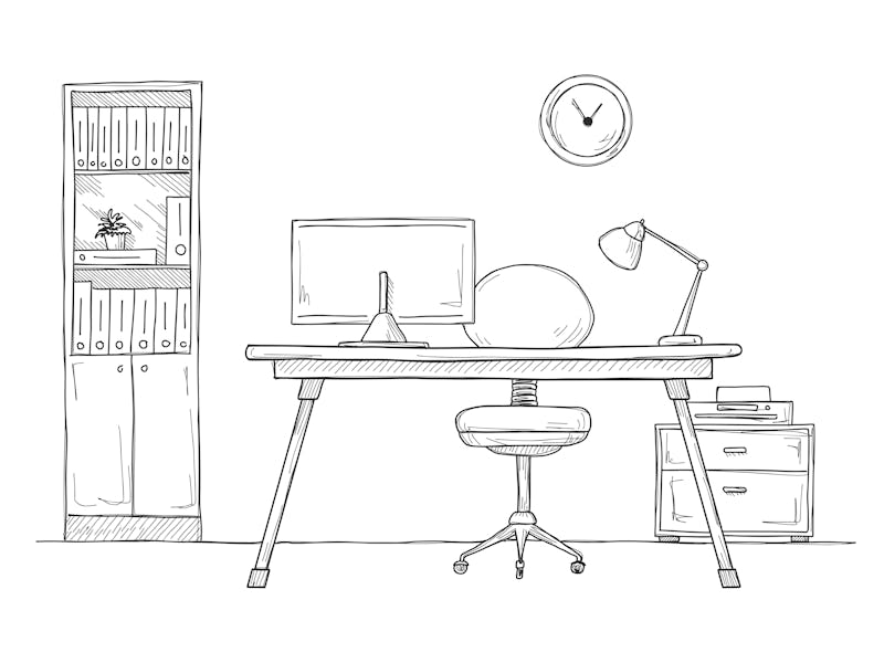 Sketch the room. Office chair, desk, various objects on the table. Sketch workspace. Vector illustra...