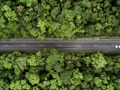 Aerial view road going through forest, Road through the green forest, Aerial top view car in forest,...