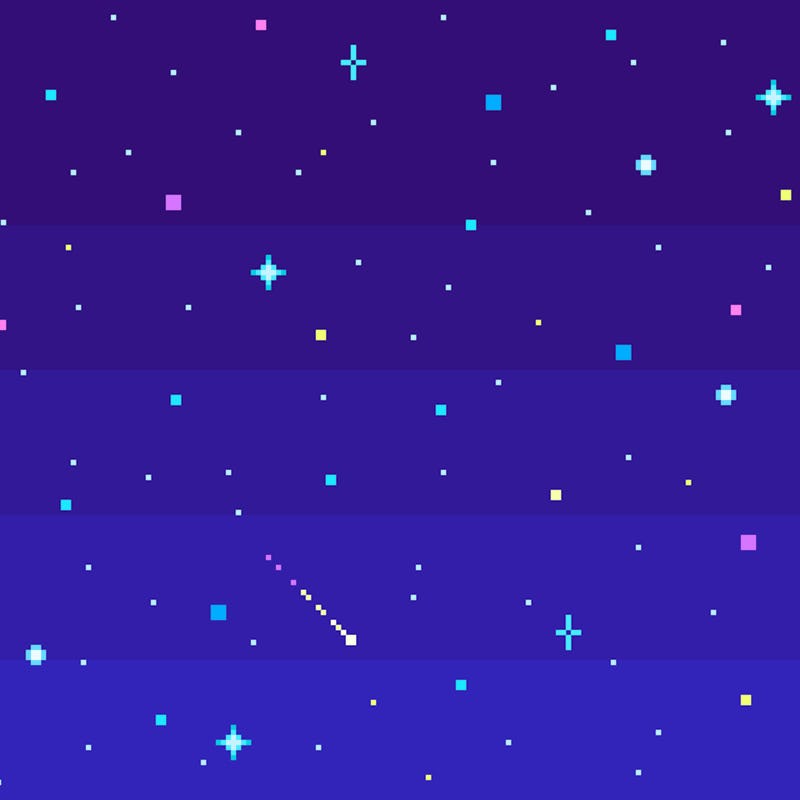 Pixel art night starry sky. Seamless vector background