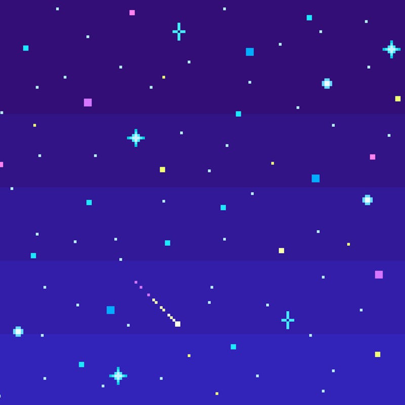 Pixel art night starry sky. Seamless vector background