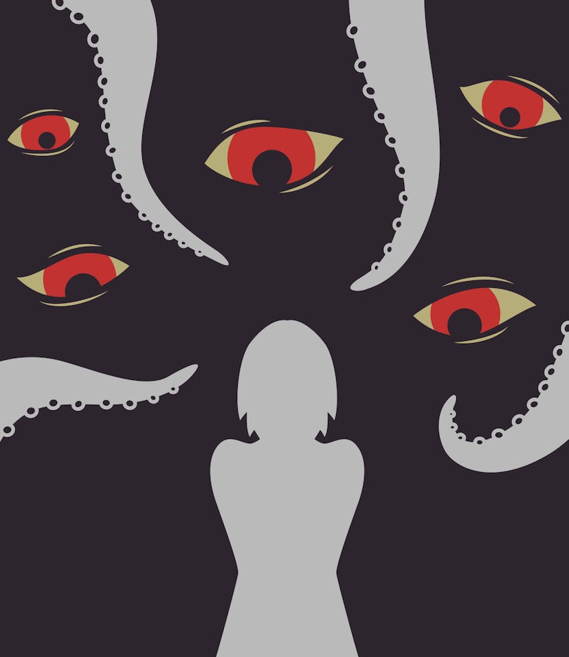 Harassment vector illustration, flat silhouette, banner danger at work, concept, silhouette of a gir...