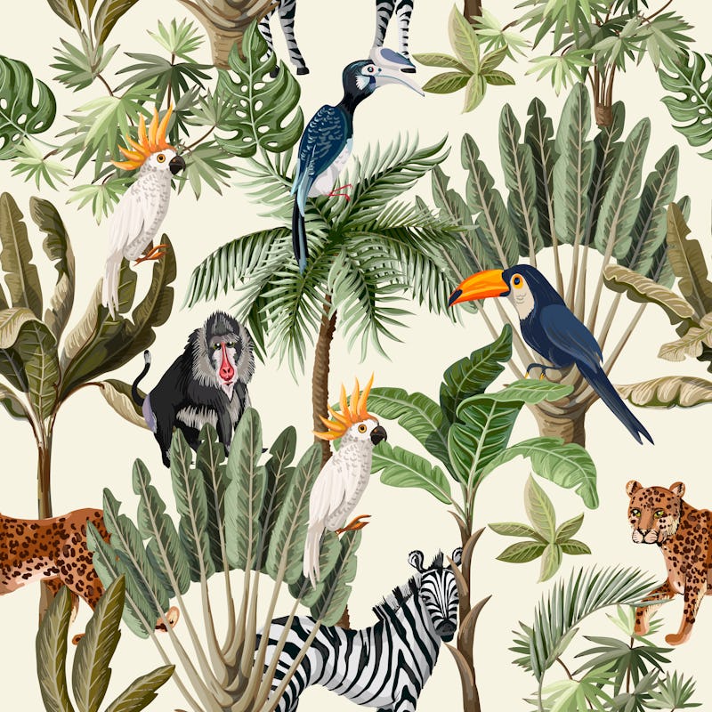 Seamless pattern with exotic trees and animals. 
