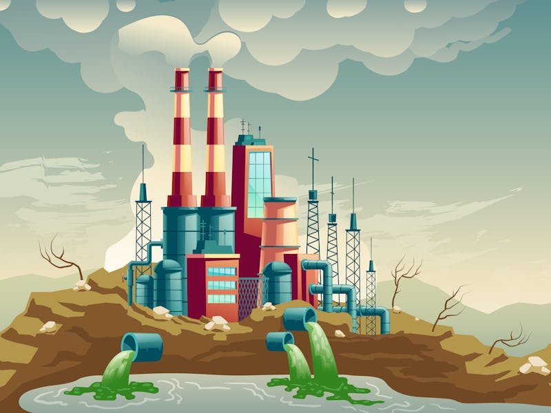 Air, water and soil pollution by industrial production cartoon vector concept. Working plant, factor...