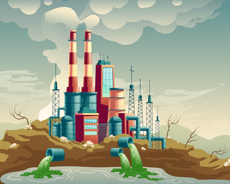 Air, water and soil pollution by industrial production cartoon vector concept. Working plant, factor...