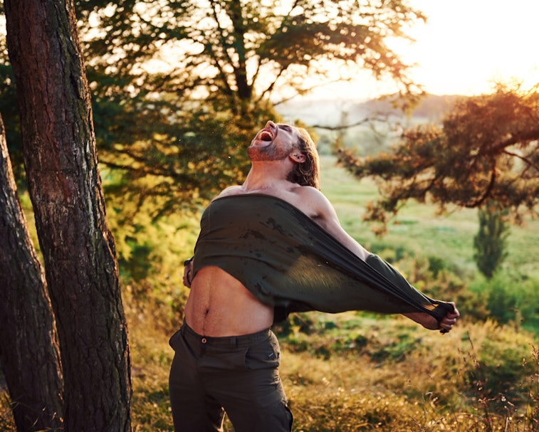 Screaming and tearing the shirt. Conception of freedom. Beautiful man in the forest. Good weather. B...