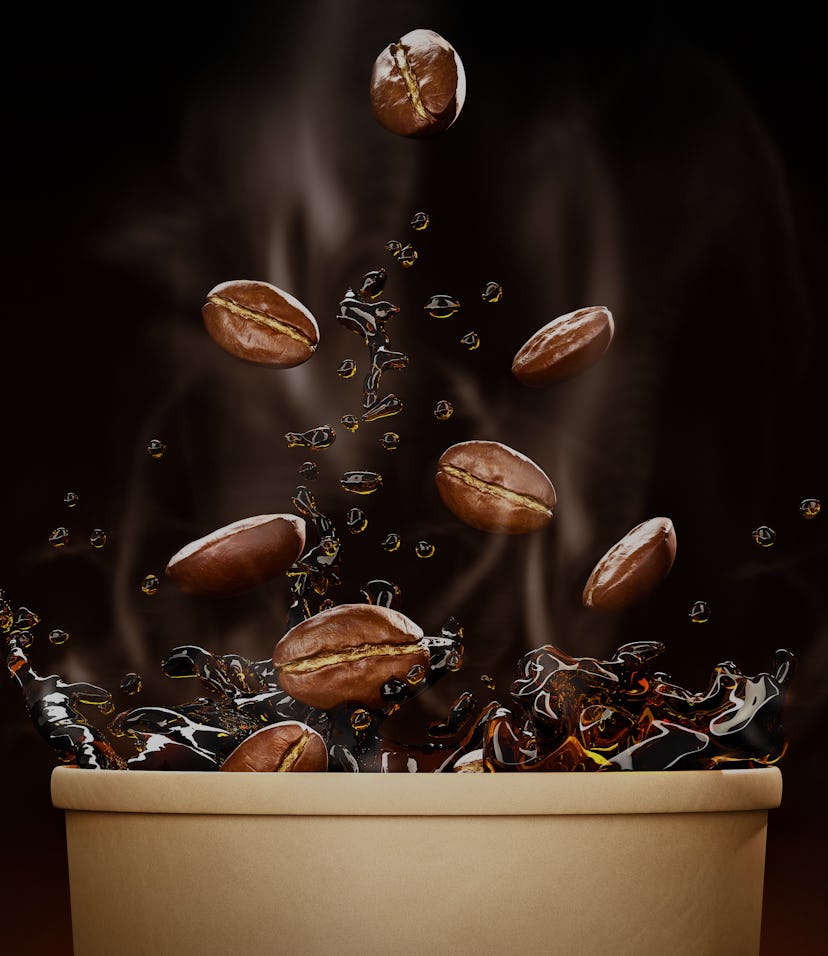 Hot takeway espresso morning coffee in cardboard paper cup. Coffee to go fragrant drink splashes wit...