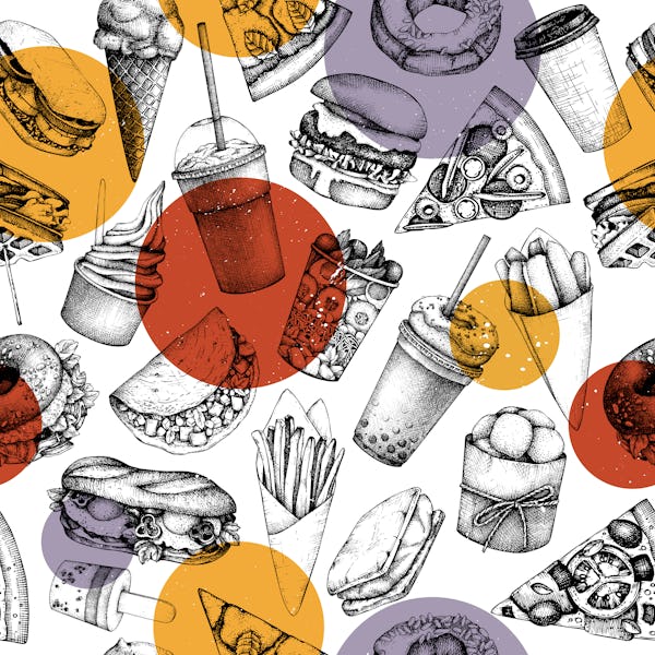 Seamless pattern with hand drawn fast food illustrations. Vintage background for restaurant, cafe or...
