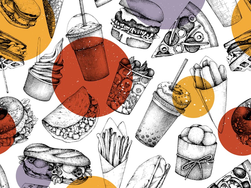 Seamless pattern with hand drawn fast food illustrations. Vintage background for restaurant, cafe or...