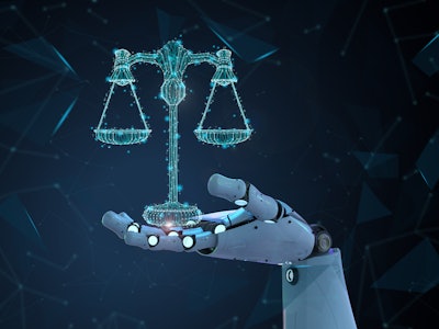 Internet law concept with 3d rendering ai robot with law scale