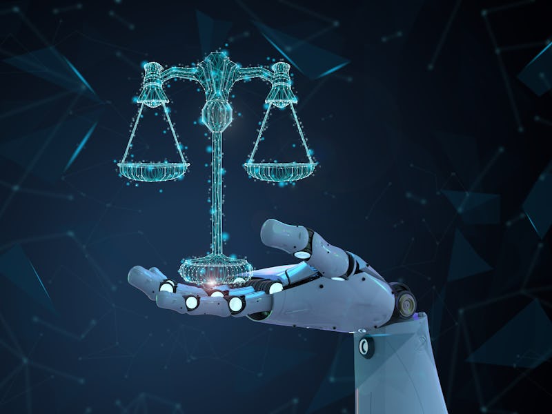 Internet law concept with 3d rendering ai robot with law scale