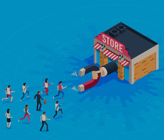 Store attraction customers. Market magnet attracted loyal customer. Inbound marketing attract client...