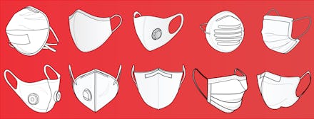 Vector with different types of masks used by people against COVID-19, Coronavirus. Safety breathing ...