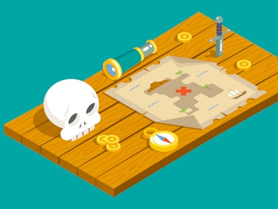Isometric Pirate Treasure Adventure Game RPG Map Action Knife dagger Spyglass Skull Compass Icon Woo...