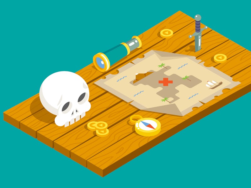 Isometric Pirate Treasure Adventure Game RPG Map Action Knife dagger Spyglass Skull Compass Icon Woo...