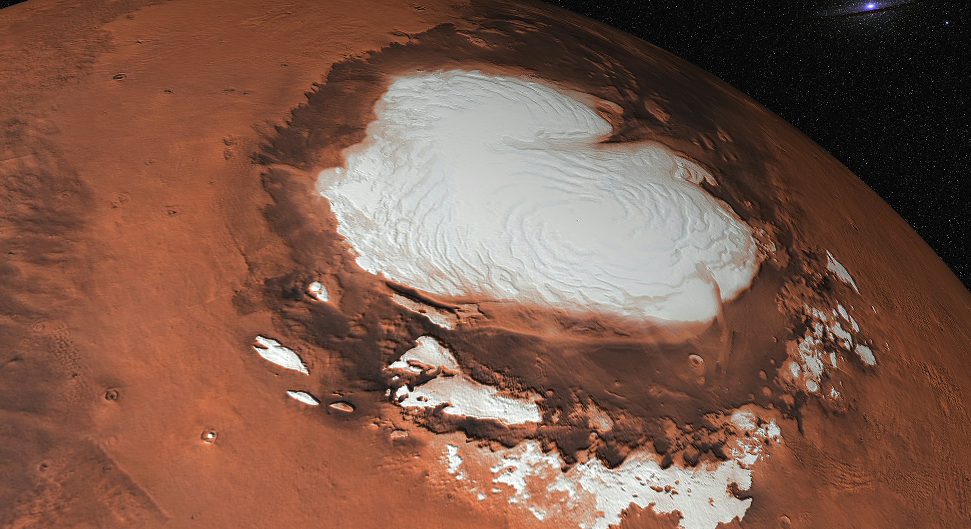 Mars planet of solar system North Pole closeup in the space. Ice water on Mars. Elements of this ima...