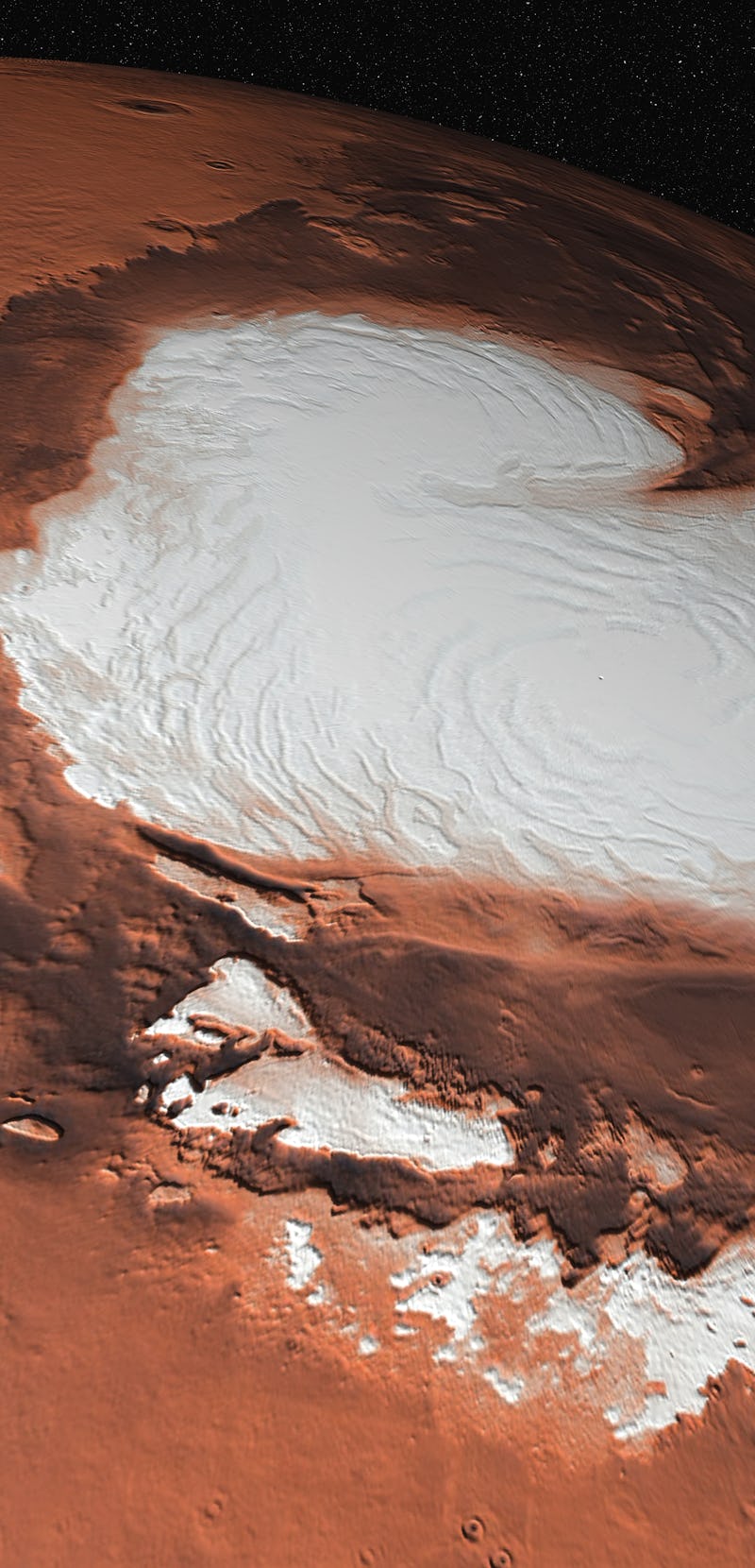 A close-up of the surface on Mars with a visible ice water segment