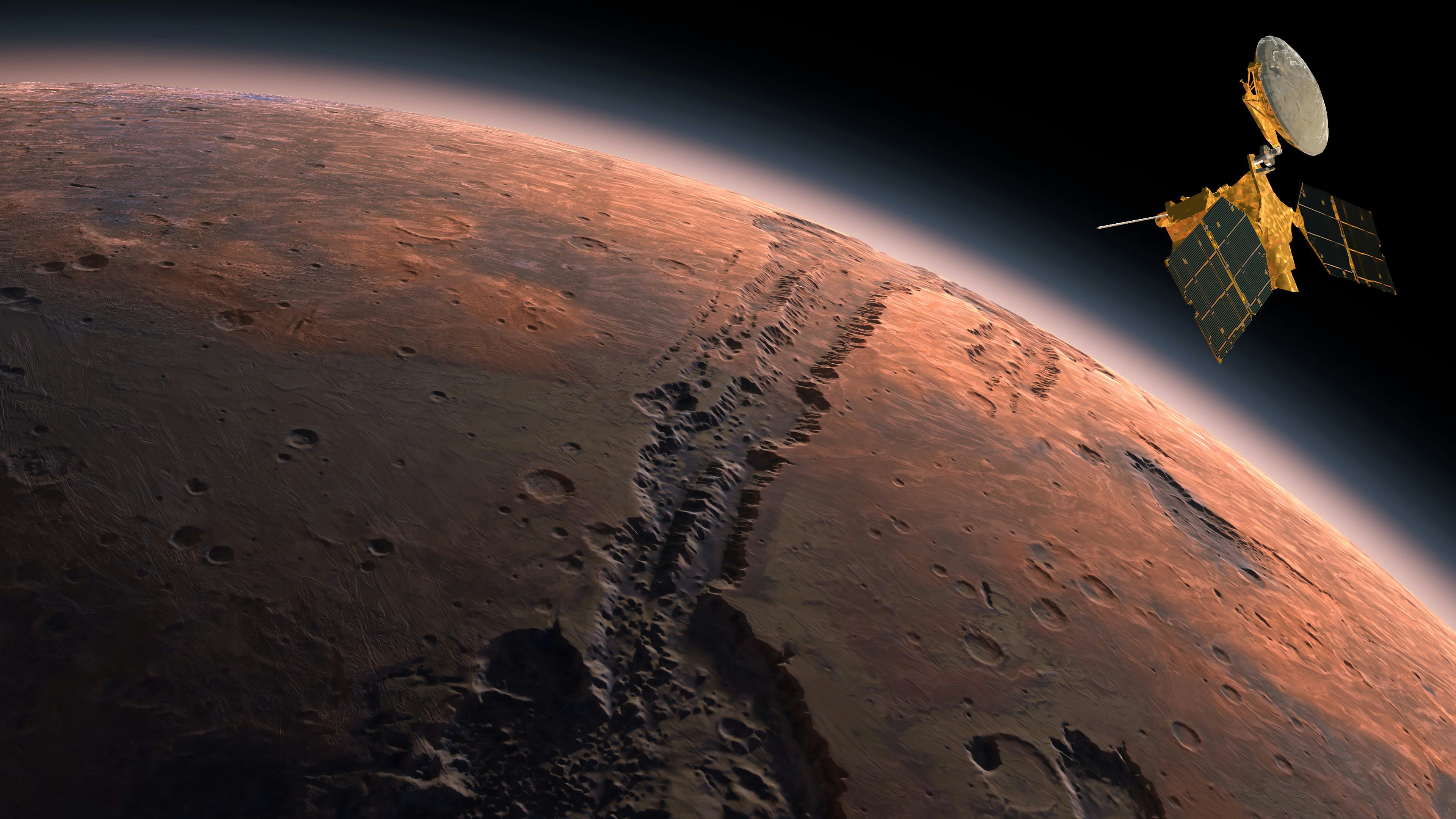 Mars Reconnaissance Orbiter, MRO orbiting Mars. Mars Planet Rotating in the outer space.Traveling to...