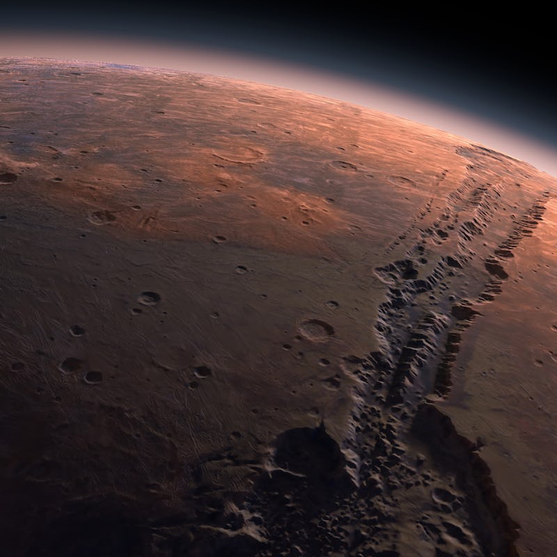 Mars Reconnaissance Orbiter, MRO orbiting Mars. Mars Planet Rotating in the outer space.Traveling to...