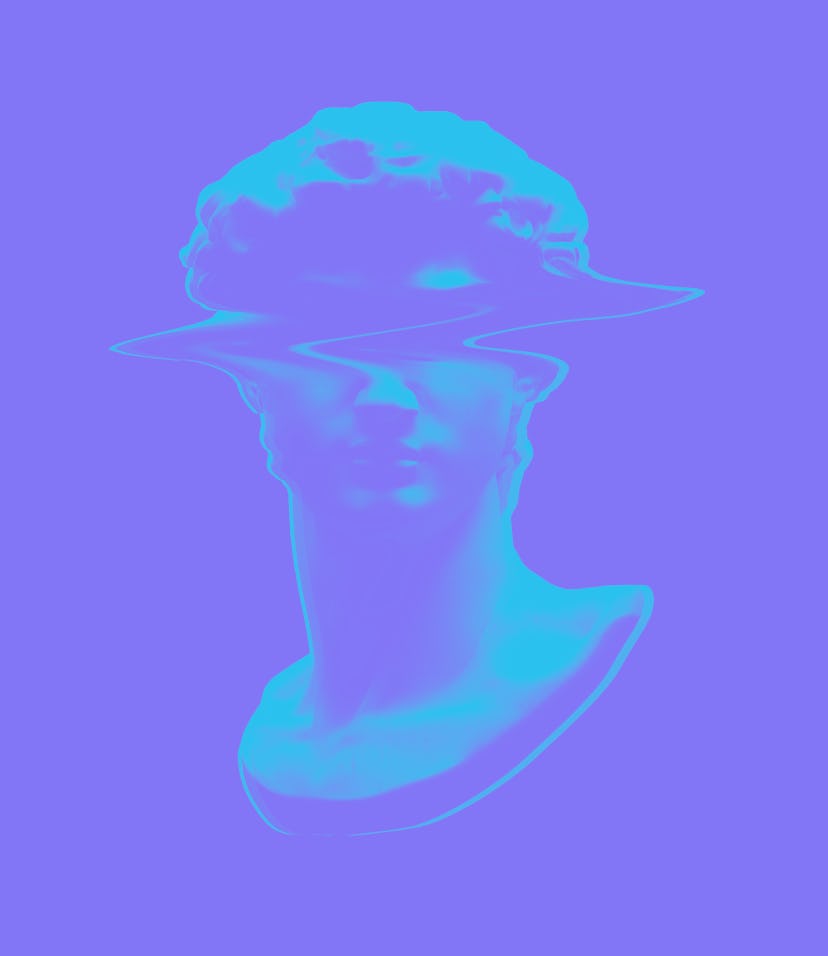 Digital RGB offset glitch illustration of Michelangelo's David head bust sculpture from 3D rendering...