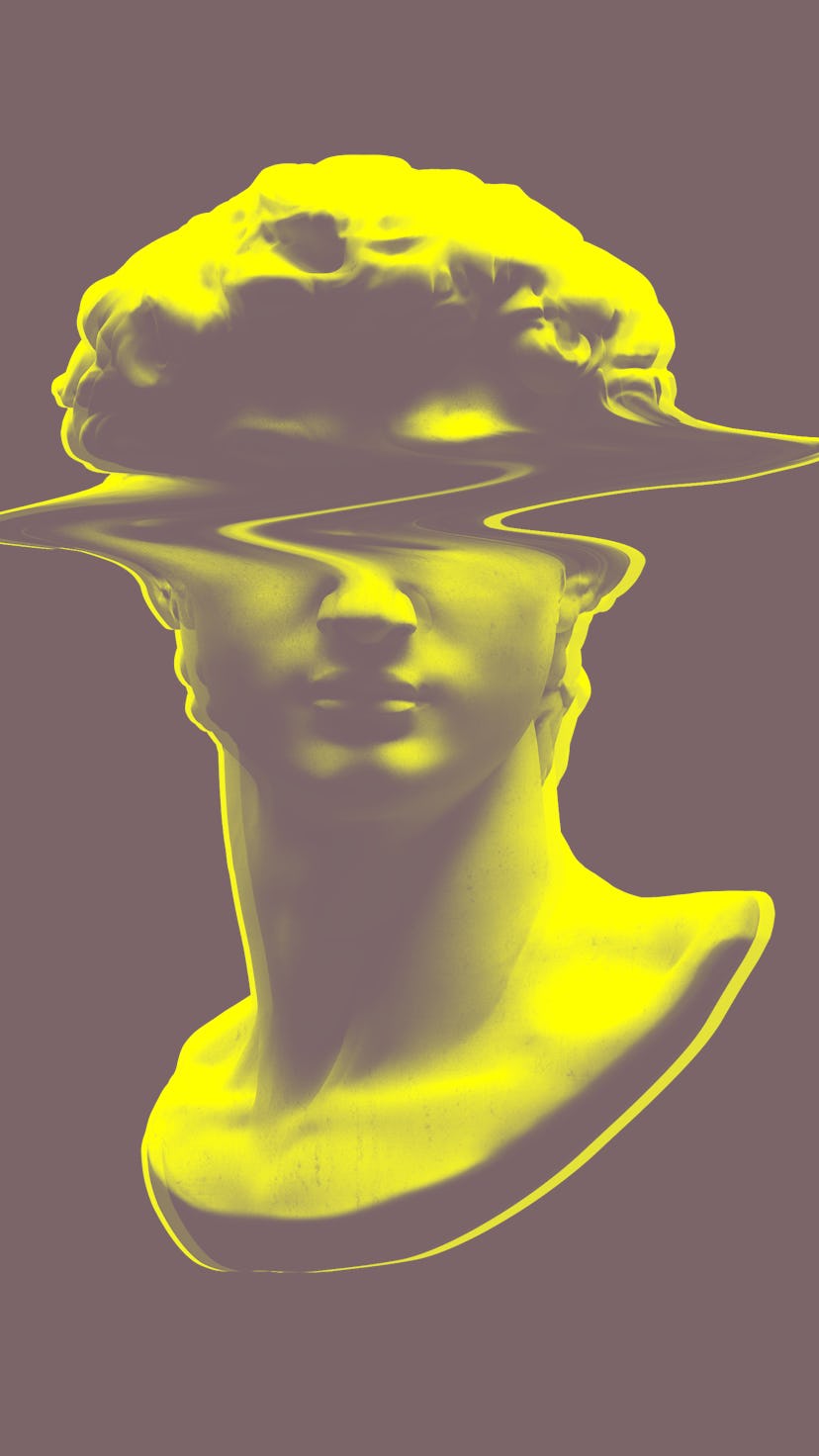 Digital RGB offset glitch illustration of Michelangelo's David head bust sculpture from 3D rendering...