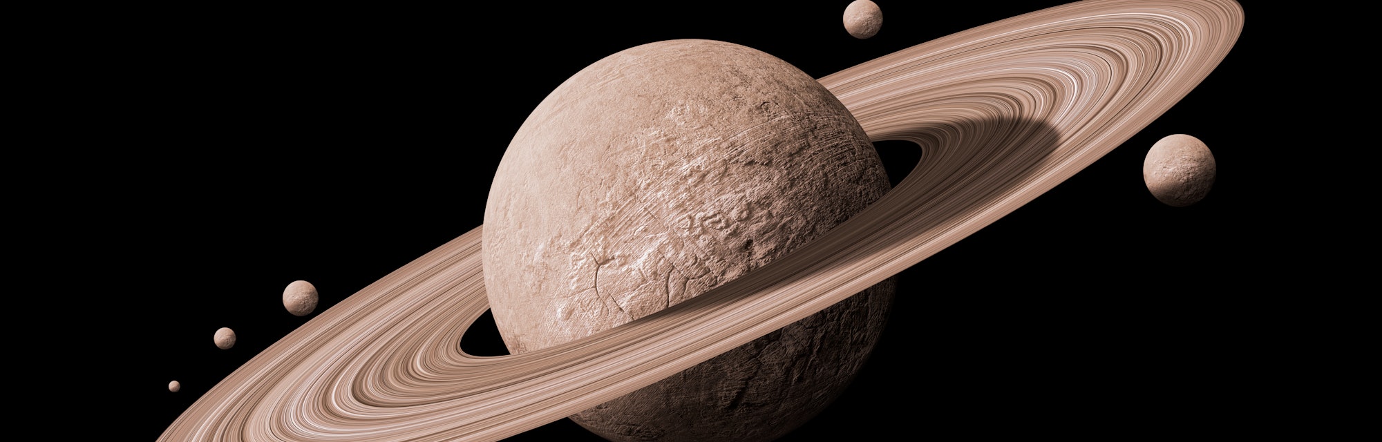 saturn planets in deep space with rings  and moons surrounded. isolated with clipping path