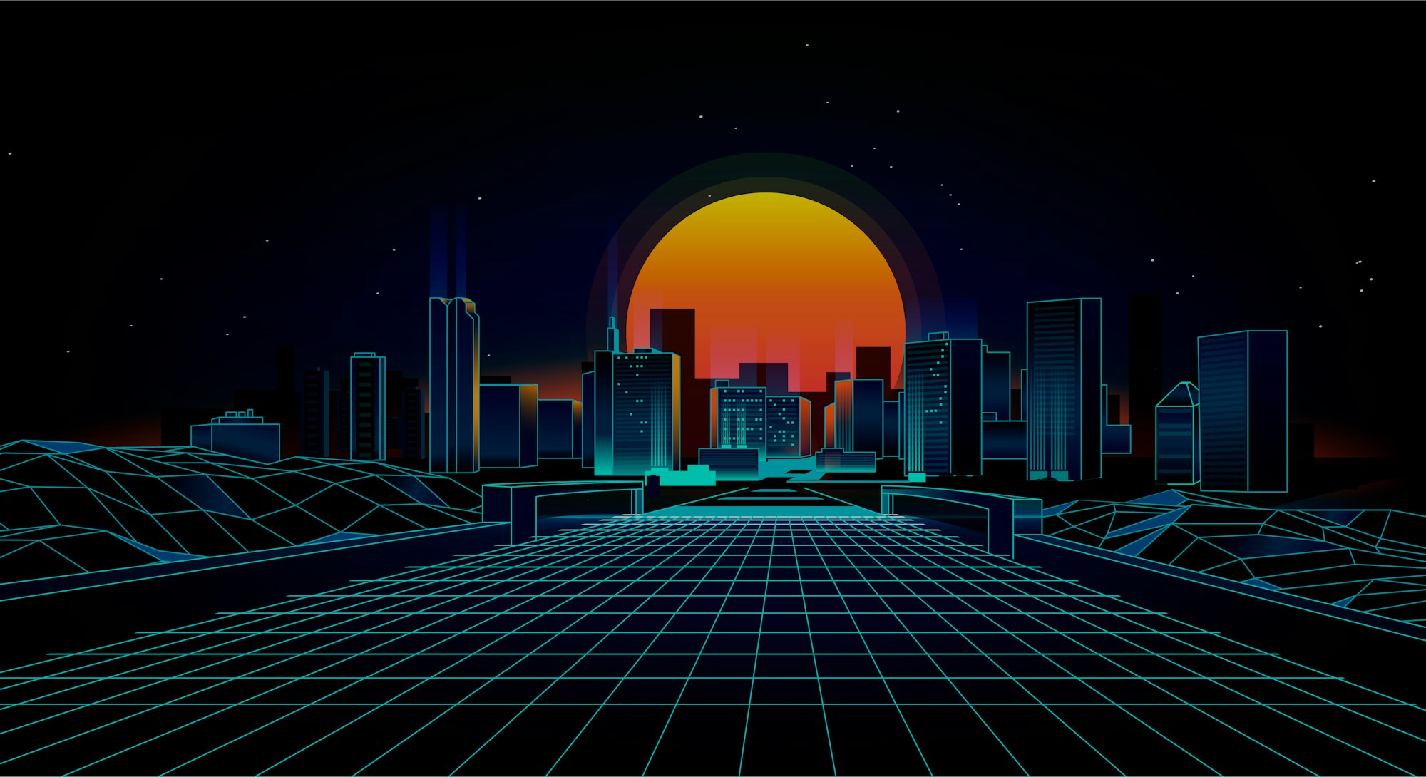 Retro background  landscape 1980s style.  Retro 80s Sci-Fi background city Landscape.Futuristic back...